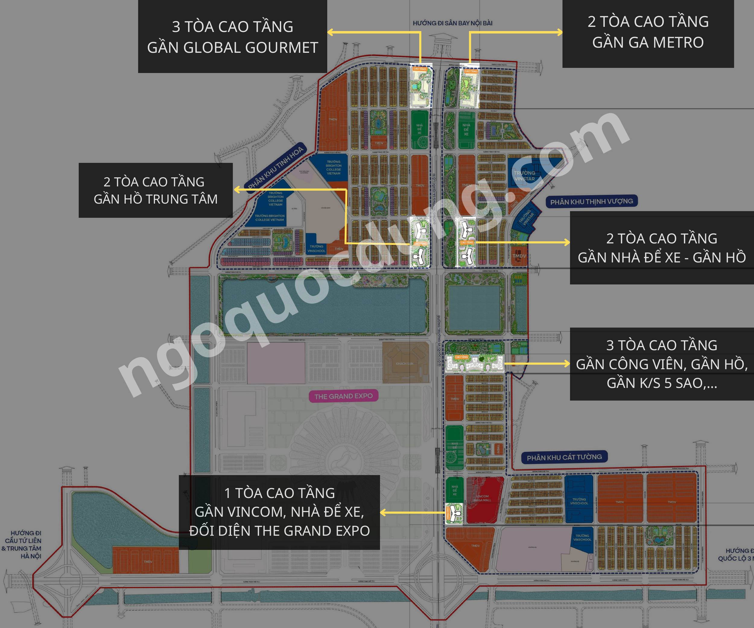 Vị trí các tòa cao tầng trên mặt bằng dự án Vinhomes Cổ Loa